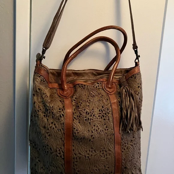 Brown Laser Cut Calf Hair Floral Patterned Tote Bag with Leather Handles - Picture 1 of 6